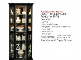 Black glass display cabinet with shelves and text listing product details and dimensions