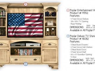 Wood entertainment center with TV showing a U.S. flag, cabinets, shelves, and drawers