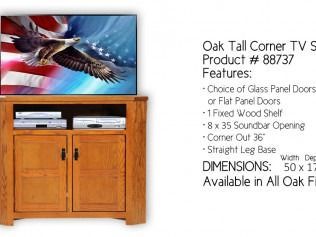 Oak wood TV corner cabinet with glass doors and shelving, shown with TV on top