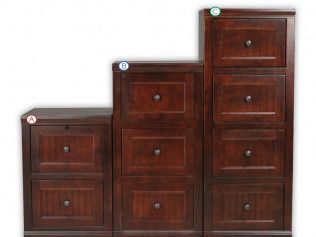 Three dark wood dressers of different sizes stacked like steps against a white background