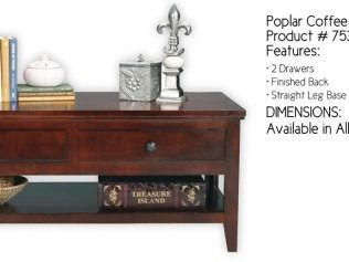 Brown poplar coffee table with two drawers and shelves, shown with decorative items on top.