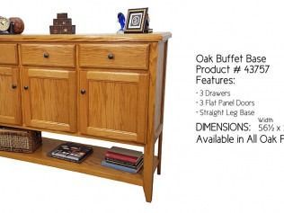 Oak buffet base cabinet with drawers and wood-paneled doors, shown with product details text.