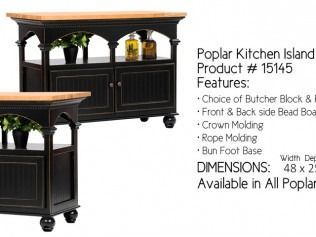 Black poplar kitchen island cart with wood top and shelf, shown in two sizes with product text overlay