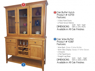 Two oak wood hutch cabinets with glass doors and shelves, shown front view on white background