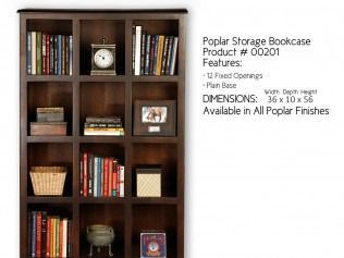 Dark wood 3x3 storage bookcase with books, baskets, and decor; product listing text on the right