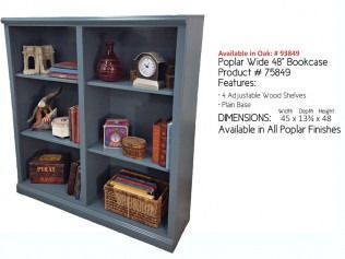 Gray 48-inch bookshelf with four cubbies holding books, vases, clock, and baskets; product ad text beside it