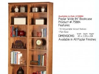Wooden wide bookcase with shelves and product details text on the right