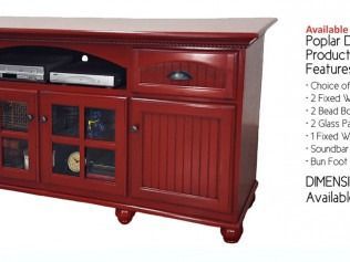 Red wooden TV stand with glass cabinet doors, drawers, and open shelf on a white background.