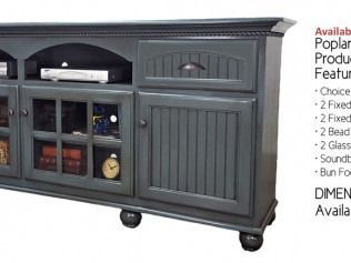 Black wooden TV stand with glass cabinet doors and shelves, shown in a product catalog image