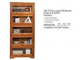 Oak 5-shelf glass-front bookcase in light wood finish, with dimensions listed beside it.