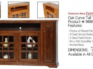 Wooden oak TV cabinet with glass doors and curved top, shown in a product catalog.
