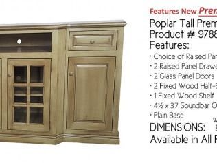 Wooden cabinet with glass door and drawers, shown in a product listing with features text.