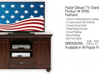 Poplar Deluxe TV stand with American flag backdrop, showing storage shelves and drawers.