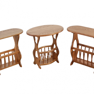 Three views of a small wooden side table with an oval top and lower shelf on a white background