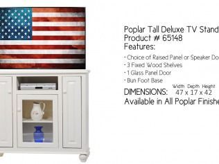 American flag TV stand with white cabinet, shelves, and dimensions text on a product ad