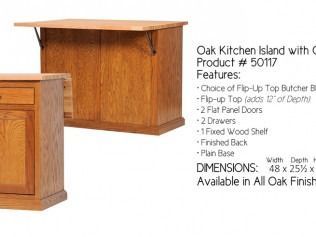 Oak kitchen island with butcher block top and shelves, shown with product details and dimensions.