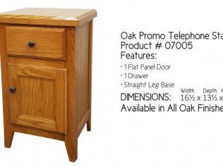 Oak wood telephone stand with drawer and lower door, shown beside product details text.