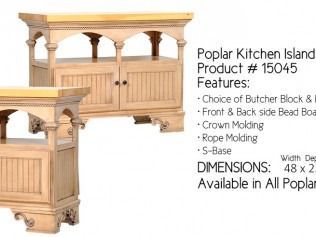 Poplar kitchen island product photo with wood finish and feature list text