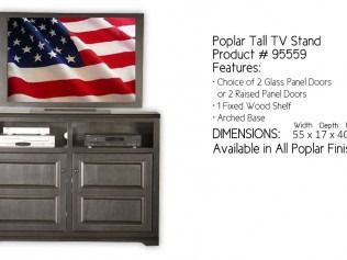 Polar tall TV stand with wood finish, white doors, and a TV displaying the American flag image.