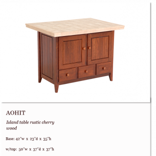 Rustic cherry wood island table with a light wood top and storage drawers