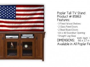 American flag on a wooden TV stand with glass cabinet doors and shelves.