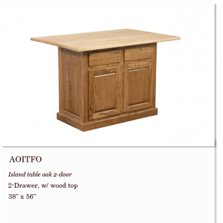 Wooden kitchen island with two drawers, two doors, and a light wood top