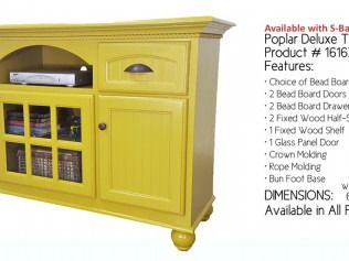 Yellow wooden kitchen cabinet with glass doors and drawers, shown in a product ad.