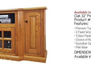 Wooden oak TV cabinet with glass doors and shelves, shown with product text on the right