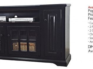 Black electric fireplace console with glass-front insert and display shelves on a white background