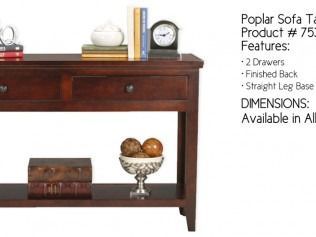 Dark wood sofa table with drawers and shelf, styled with decor items and product text beside it