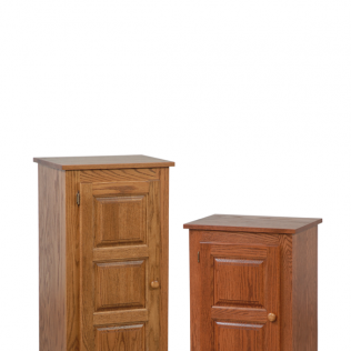 Two wooden cabinets with doors, one tall and one short, against a white background