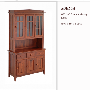 Rustic cherry wood hutch with glass cabinet, open shelf, and lower storage doors, shown on white background