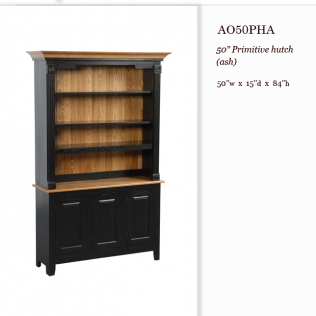 Black wood hutch with open shelves, cabinet doors, and tan interior panels on a white background