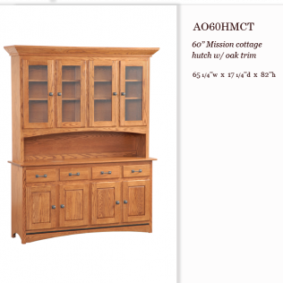 Wooden mission-style hutch with upper glass cabinets and lower storage doors on a white background