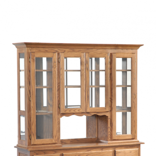 Wooden display cabinet with glass doors and shelves, featuring a small open center compartment.