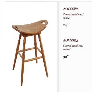 Wooden curved saddle seat bar stool shown at 24-inch and 30-inch heights