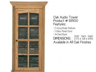 Oak audio tower cabinet with glass doors and adjustable shelves on white background