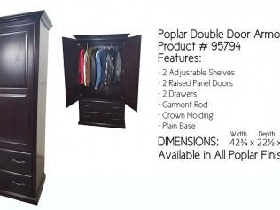 Black poplar double-door armoire with shelves and hanging clothes, shown with product details and dimensions