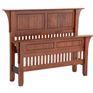 Wooden sleigh-style headboard and footboard with slatted panels, shown on a white background