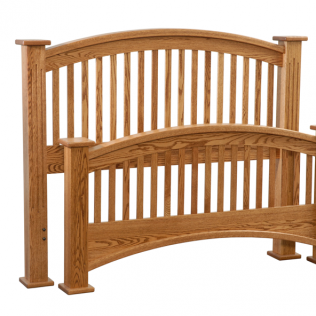 Two curved wooden beds with slatted headboards, shown front view