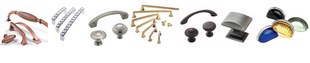 Assorted cabinet and drawer handles and knobs in metallic finishes, arranged in a row on white background