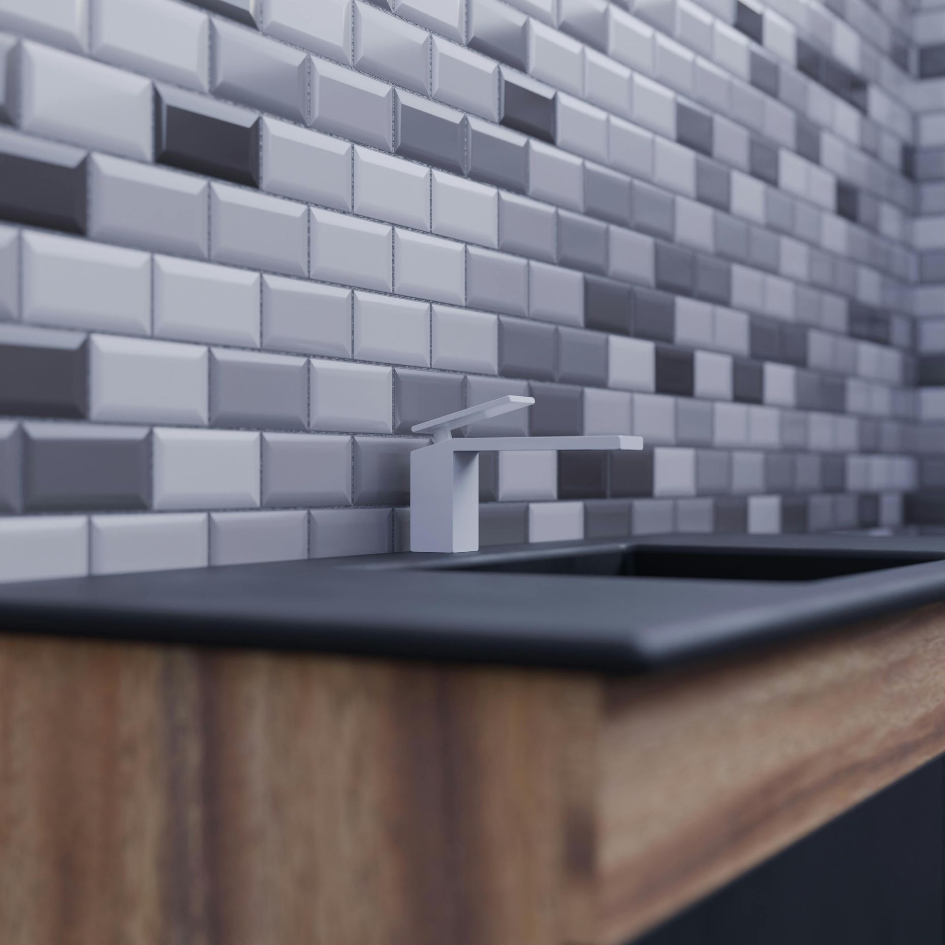 Modern bathroom sink with chrome faucet against gray tile wall and wooden vanity below
