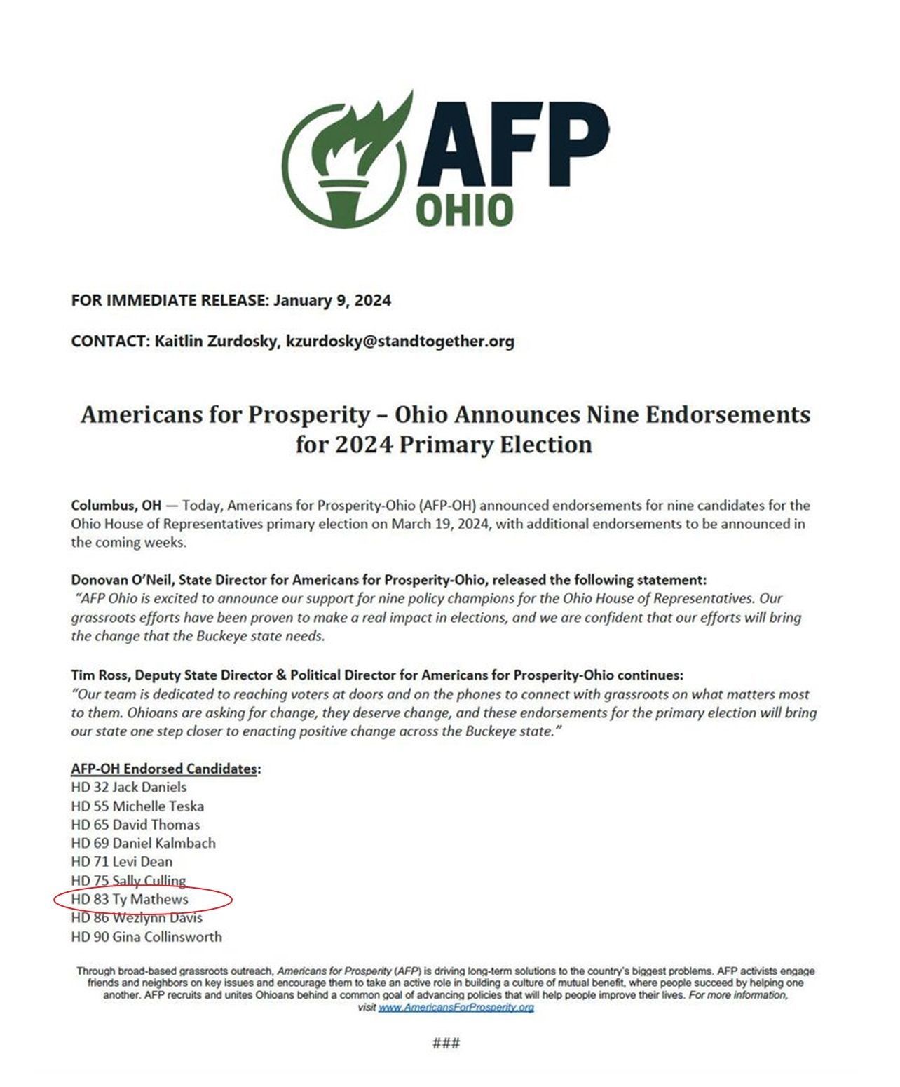Americans for Prosperity Endorsement Ty Mathews for Ohio State Representative District 83
