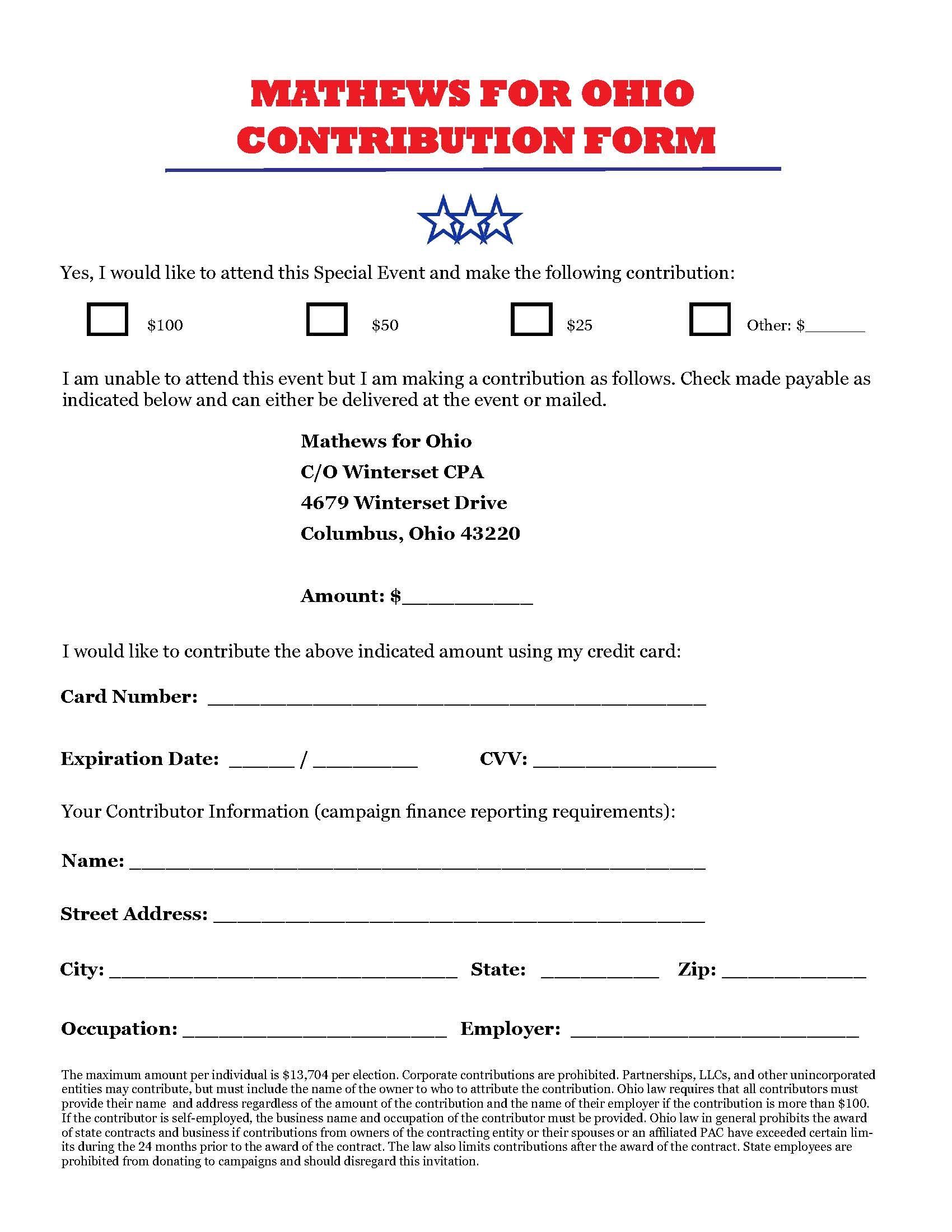 Mathews for Ohio Special Fundraising Event Donation Form