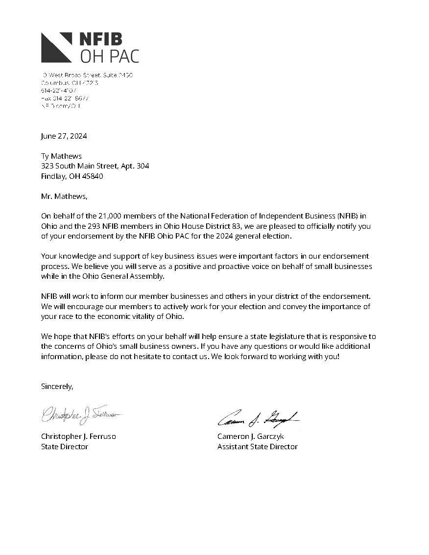 NFIB OH PAC Endorsement of Ty Mathews for State Representative November 2024 General Election