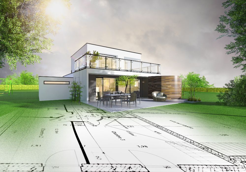 Une maison moderne à deux étages, représentée au-dessus d'un plan architectural translucide sur un terrain gazonné.