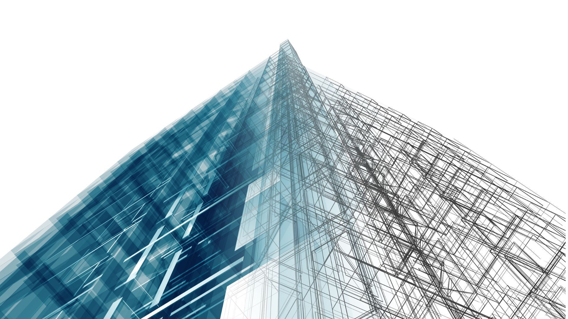 Vue en contre-plongée d'un gratte-ciel moderne montrant une conception divisée entre des panneaux de verre bleu massif et une structure filaire complexe.