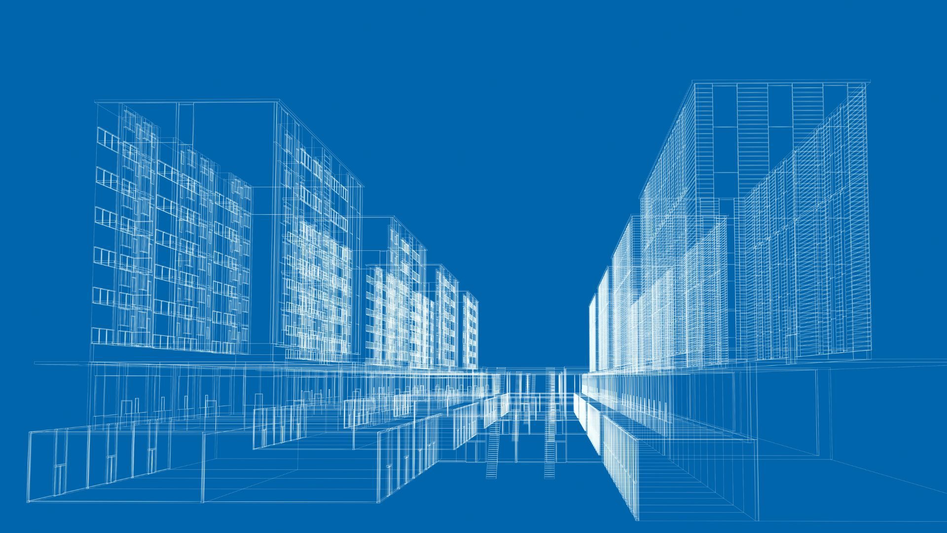 Un plan architectural filaire blanc représentant une rue de ville bordée d'immeubles d'appartements modernes sur fond bleu.