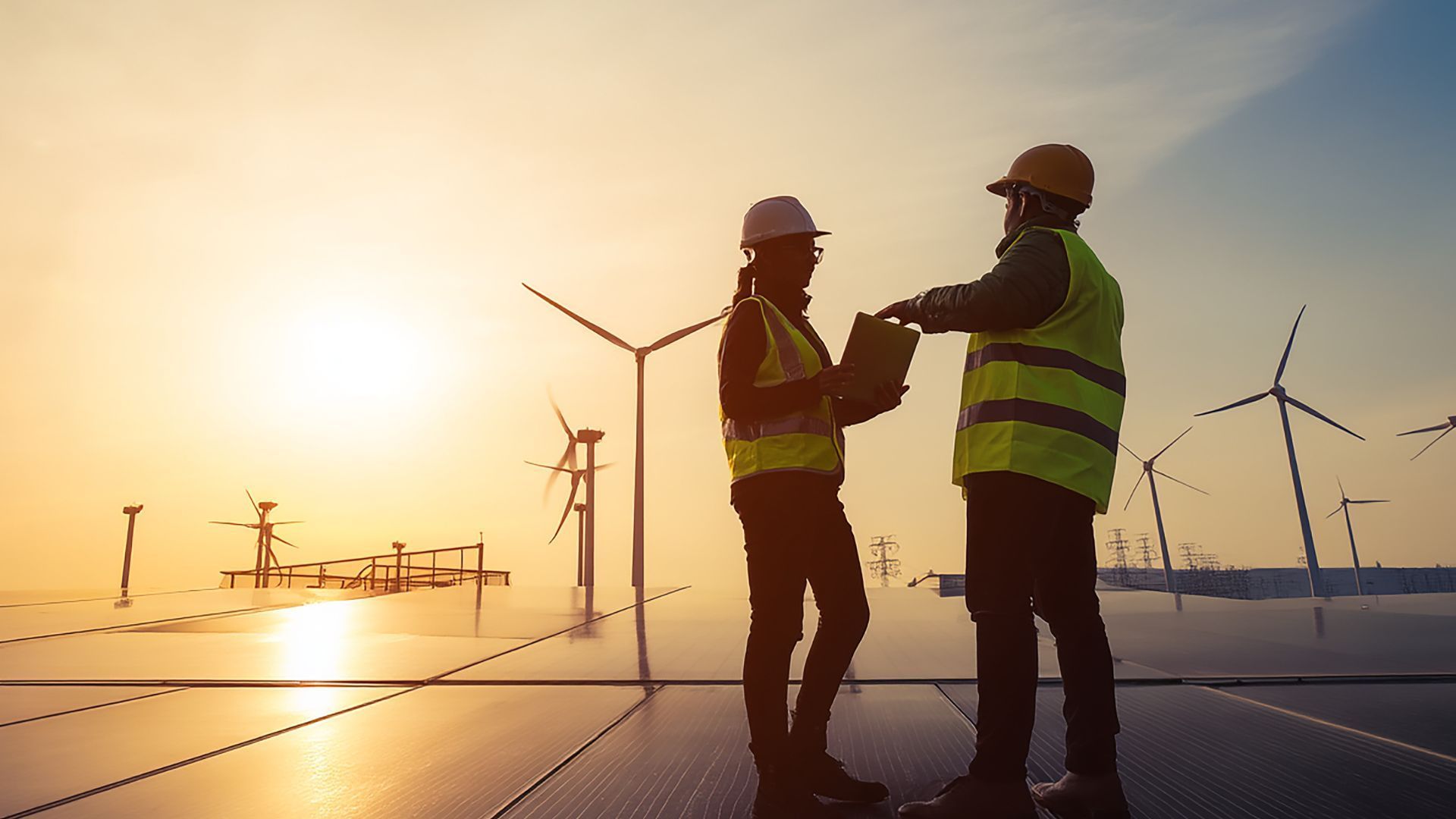 Deux personnes en tenue de sécurité consultent des données sur une tablette dans un parc éolien et solaire, au coucher du soleil, sous un soleil radieux aux teintes dorées.