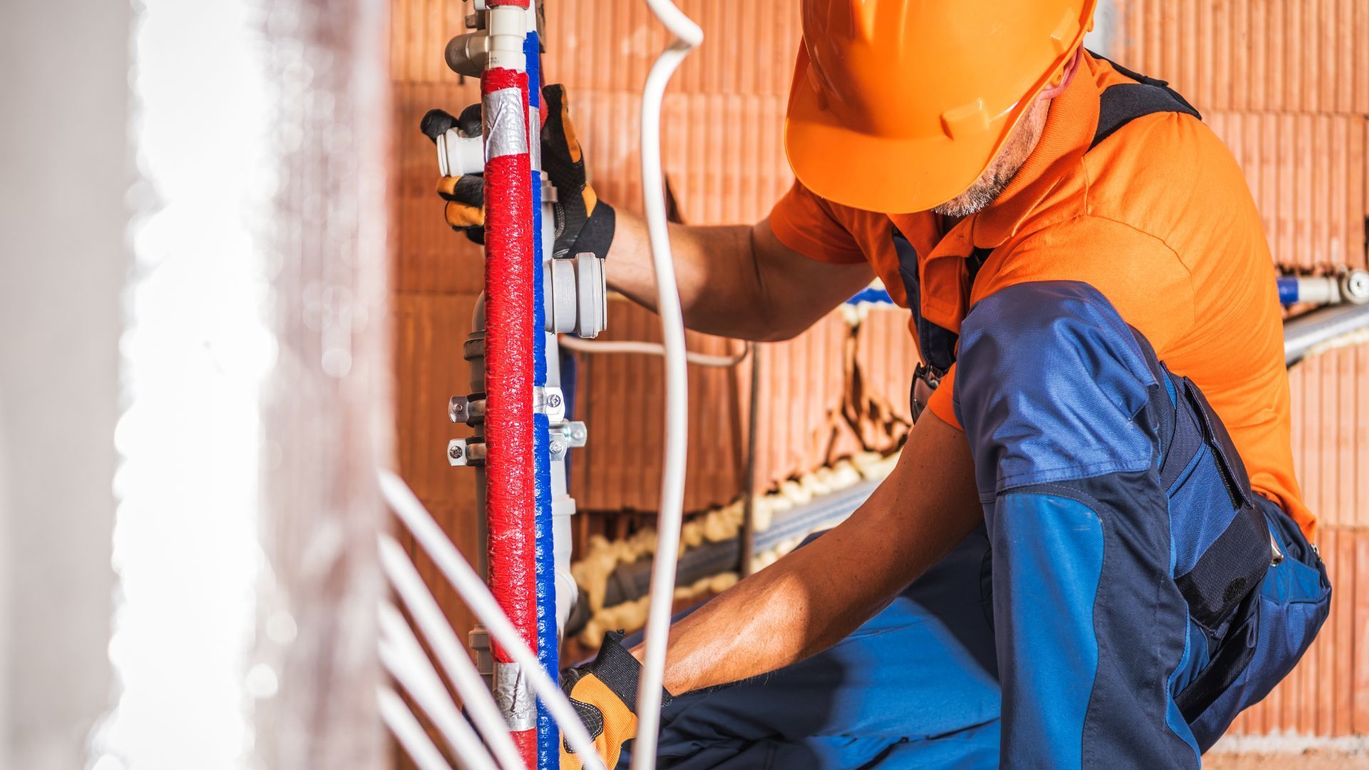 Un ouvrier du bâtiment, vêtu d'un uniforme orange et portant un casque, est agenouillé pendant qu'il installe des tuyaux de plomberie sur un chantier.